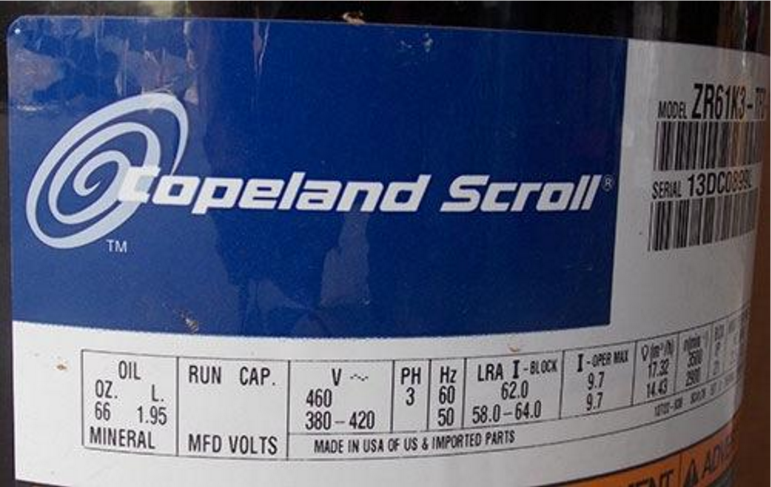 Copeland Scroll compressor manufacturer tag